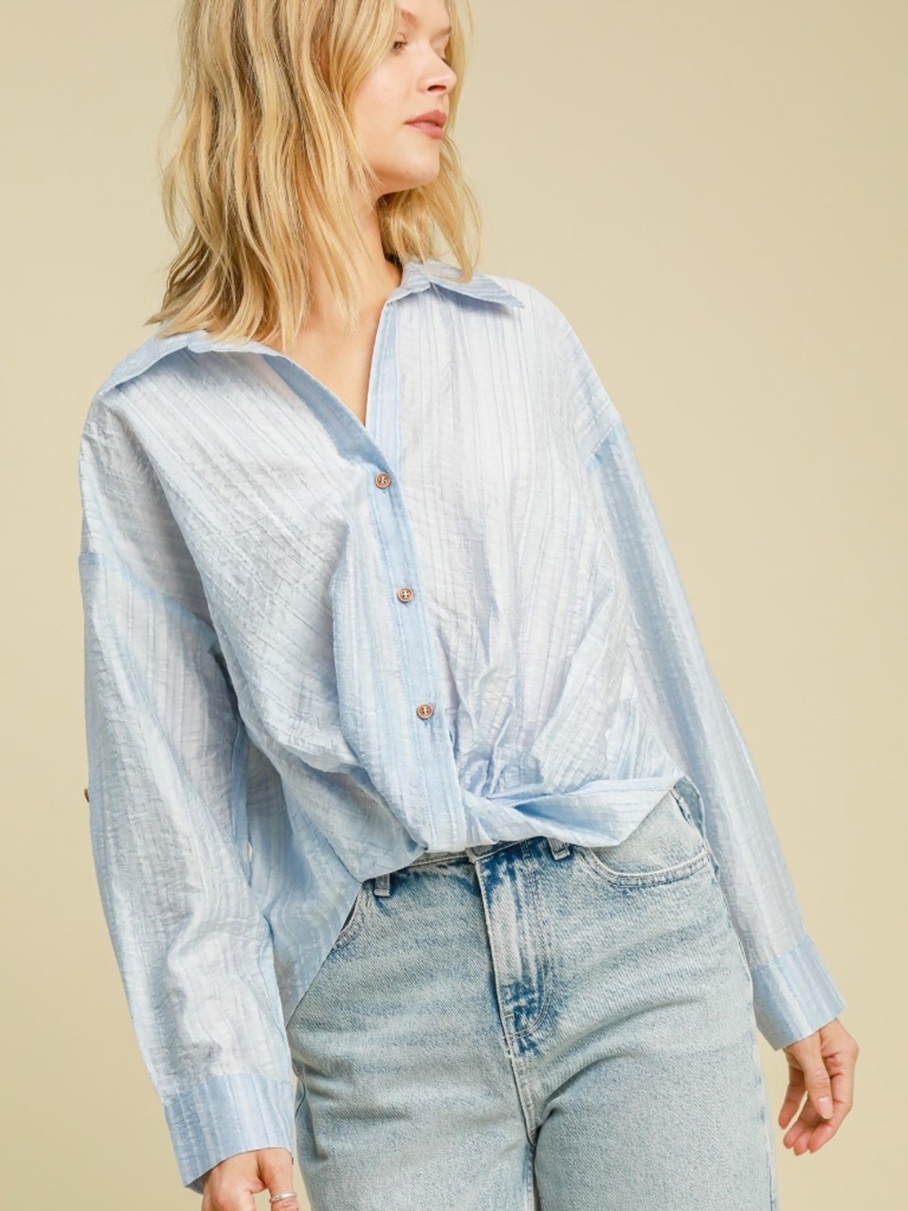 Umgee Tencel Striped High Low Button Down Shirt NWT Sky Blue